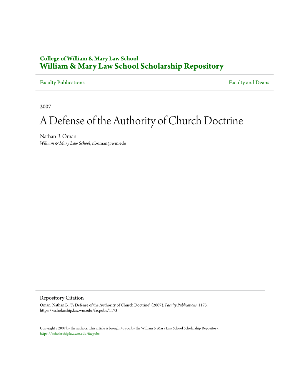 A Defense of the Authority of Church Doctrine Nathan B