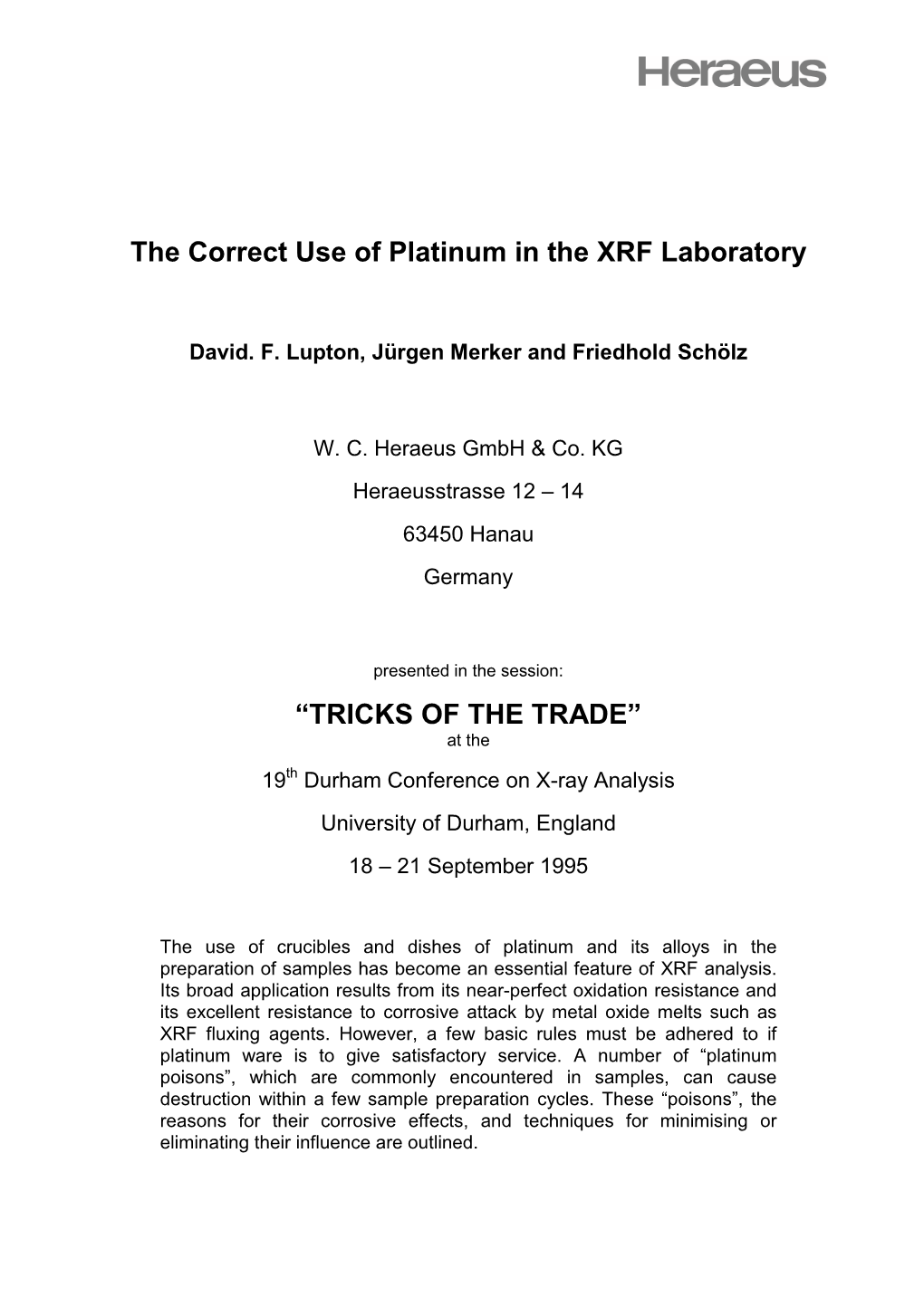 The Correct Use of Platinum in the XRF Laboratory