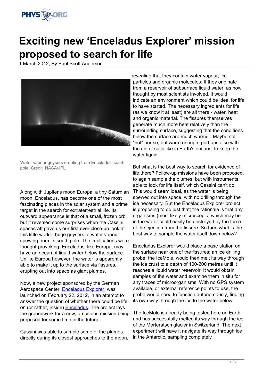 Exciting New 'Enceladus Explorer' Mission Proposed to Search for Life