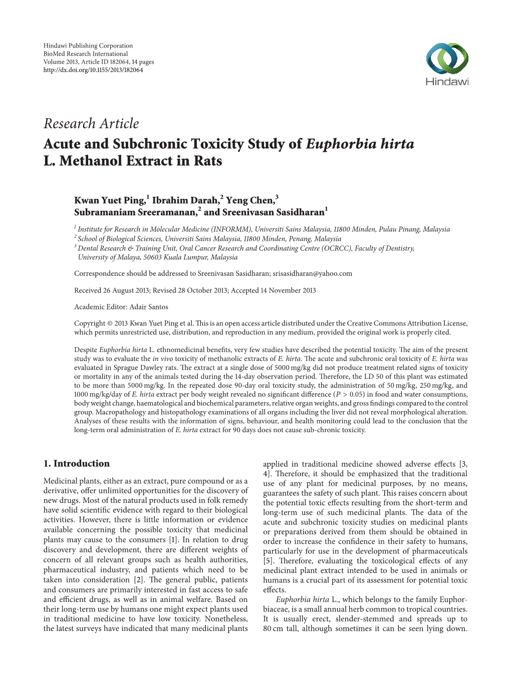 Acute and Subchronic Toxicity Study of Euphorbia Hirta L. Methanol Extract in Rats