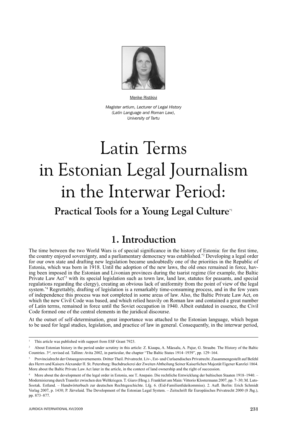 Latin Terms in Estonian Legal Journalism in the Interwar Period: Practical Tools for a Young Legal Culture*1