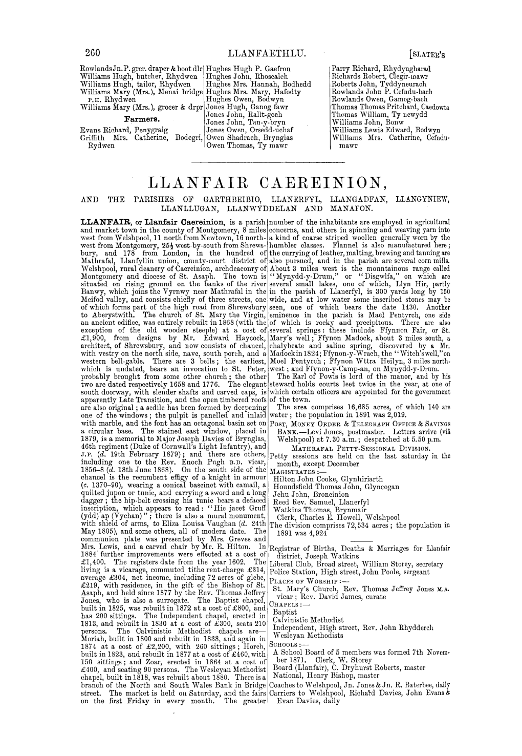 Llanfair Caereinion, and the Parishes of Garthbeibio, Llanerfyl, Llangadfan, Llangyniew, Llanllugan, Llanwyddelan and Manafon