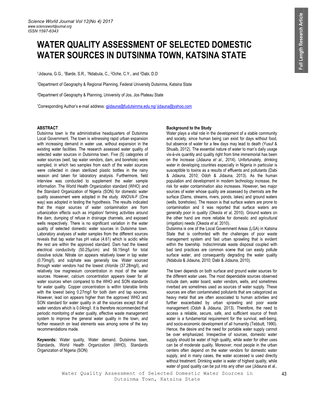 Water Quality Assessment of Selected Domestic Water Sources in Dutsinma Town, Katsina State