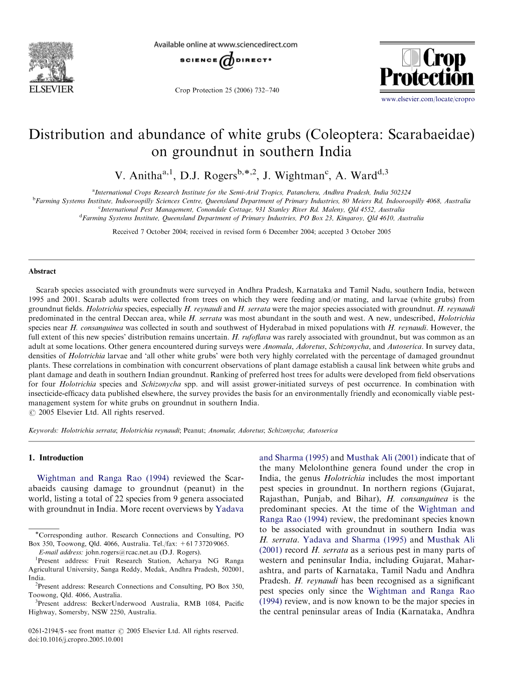Distribution and Abundance of White Grubs (Coleoptera: Scarabaeidae) on Groundnut in Southern India