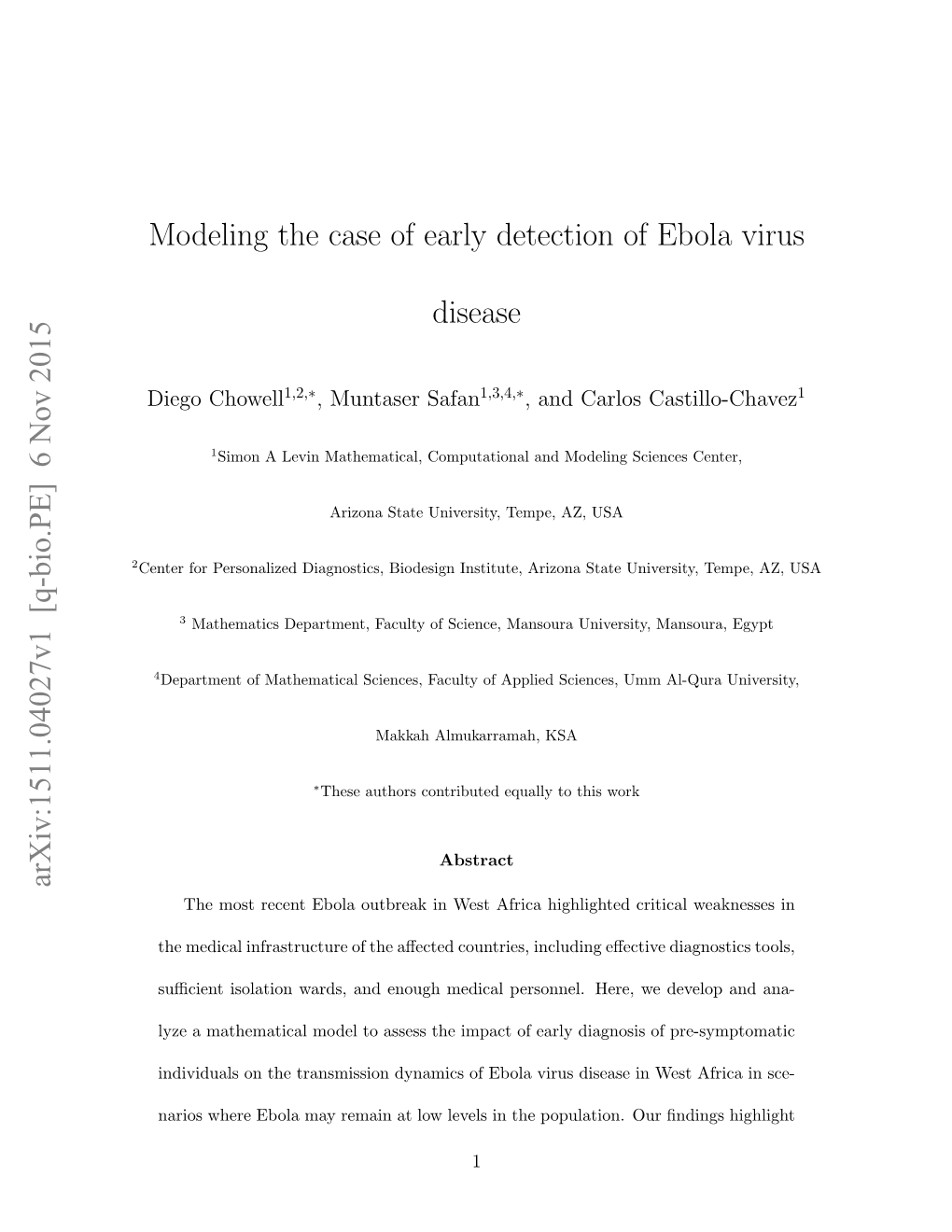 Modeling the Case of Early Detection of Ebola Virus Disease Arxiv