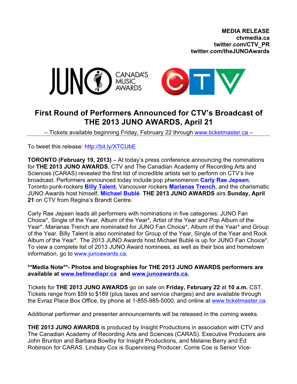 First Round of Performers Announced for CTV's Broadcast of the 2013