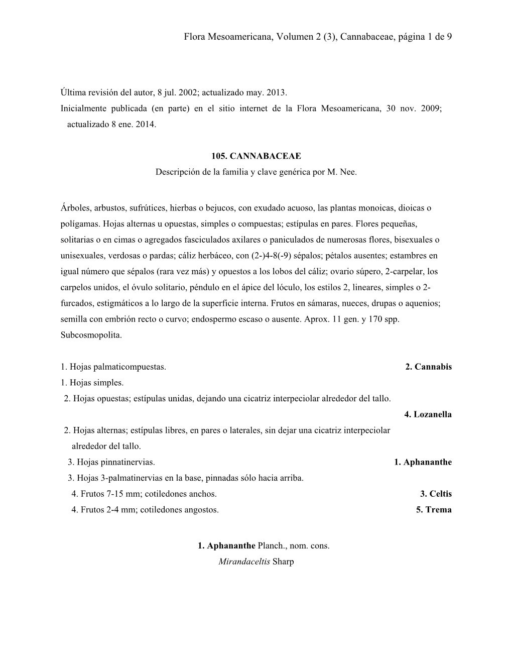 Flora Mesoamericana, Volumen 2 (3), Cannabaceae, Página 1 De 9