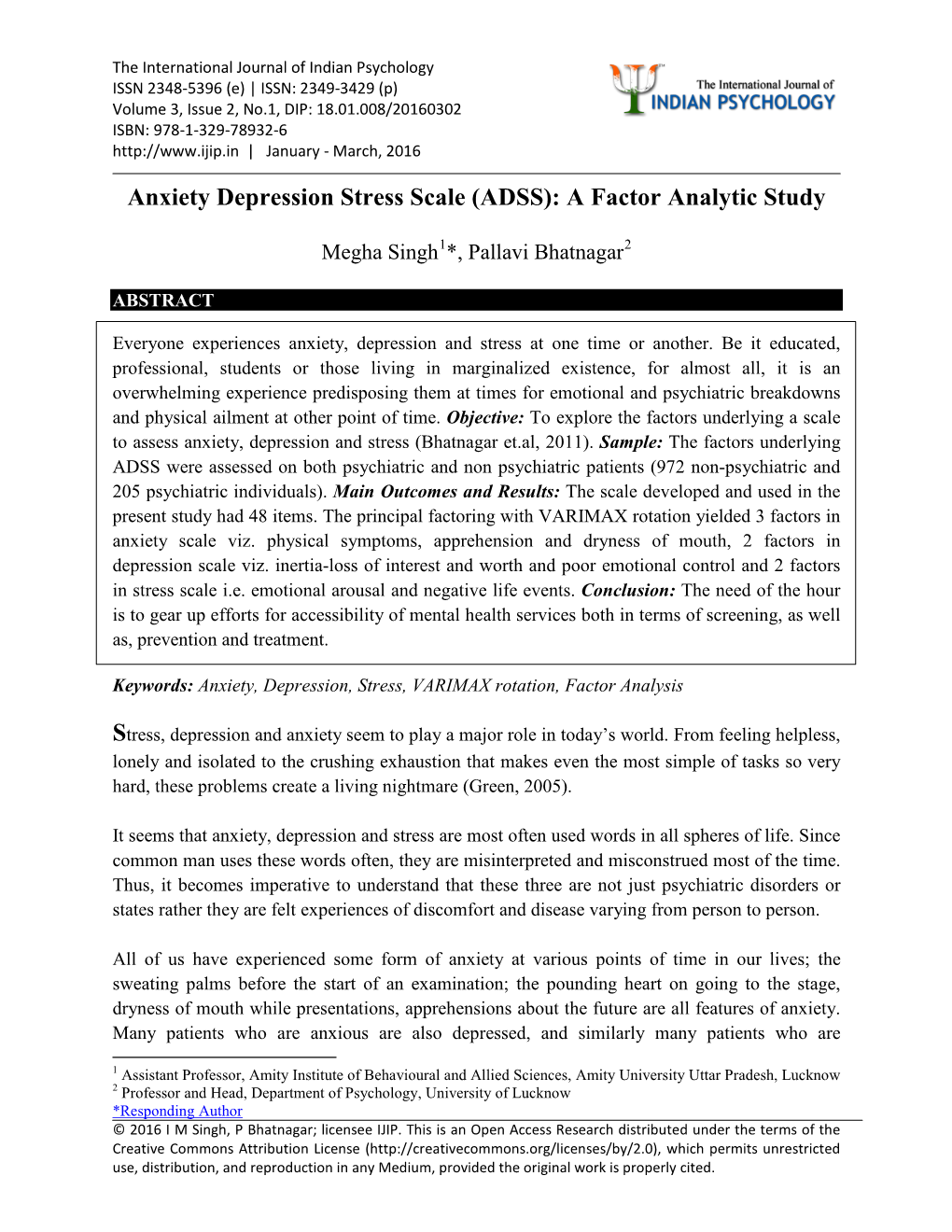 Anxiety Depression Stress Scale (ADSS): a Factor Analytic Study
