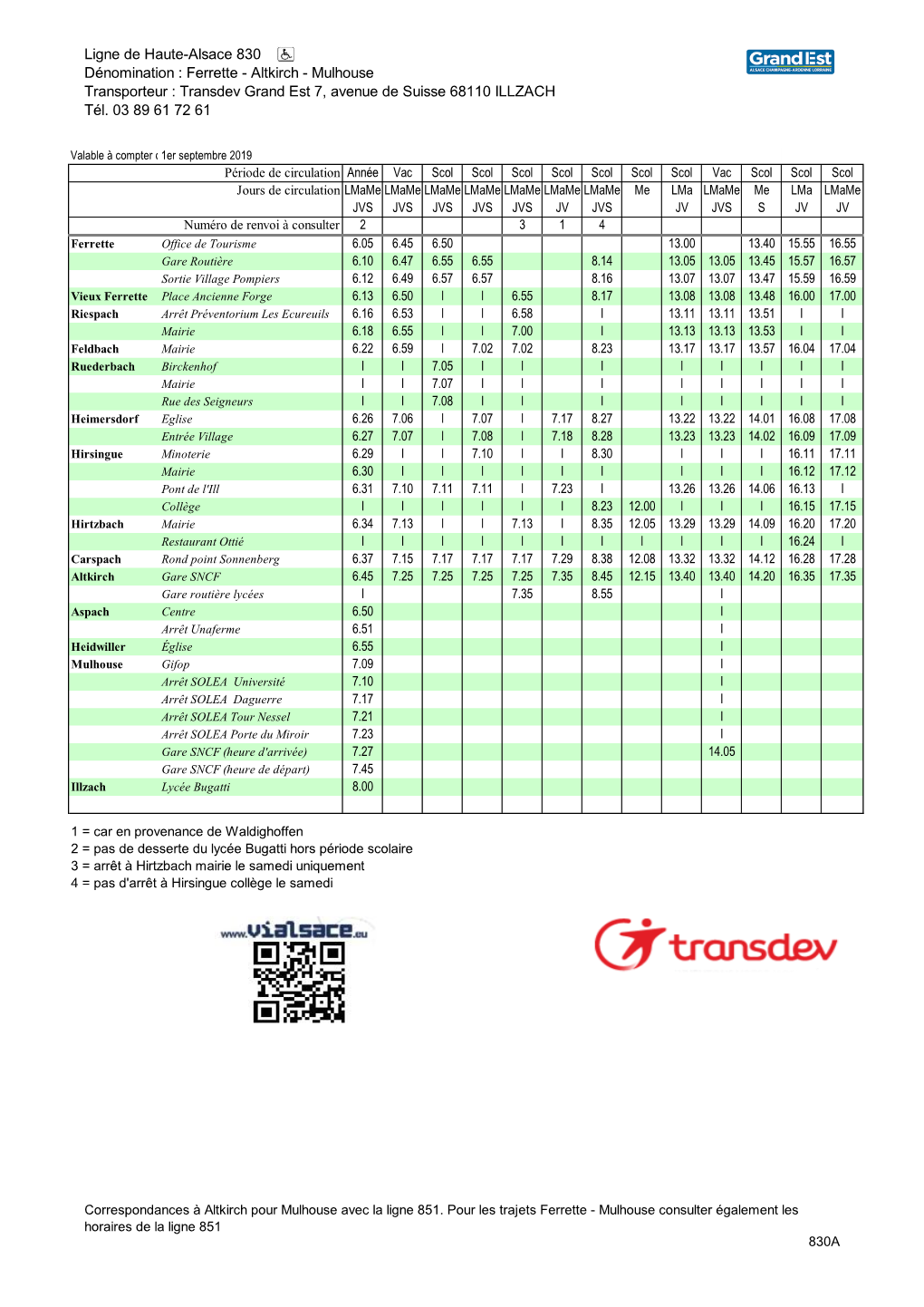 Ligne De Haute-Alsace 830 Dénomination : Ferrette - Altkirch - Mulhouse Transporteur : Transdev Grand Est 7, Avenue De Suisse 68110 ILLZACH Tél