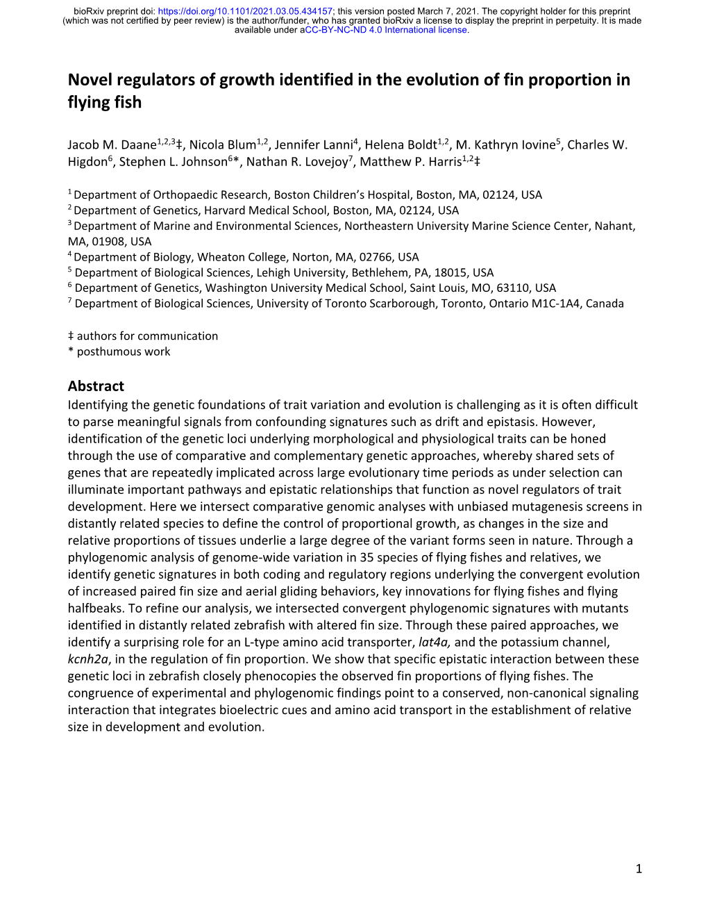 Novel Regulators of Growth Identified in the Evolution of Fin Proportion in Flying Fish