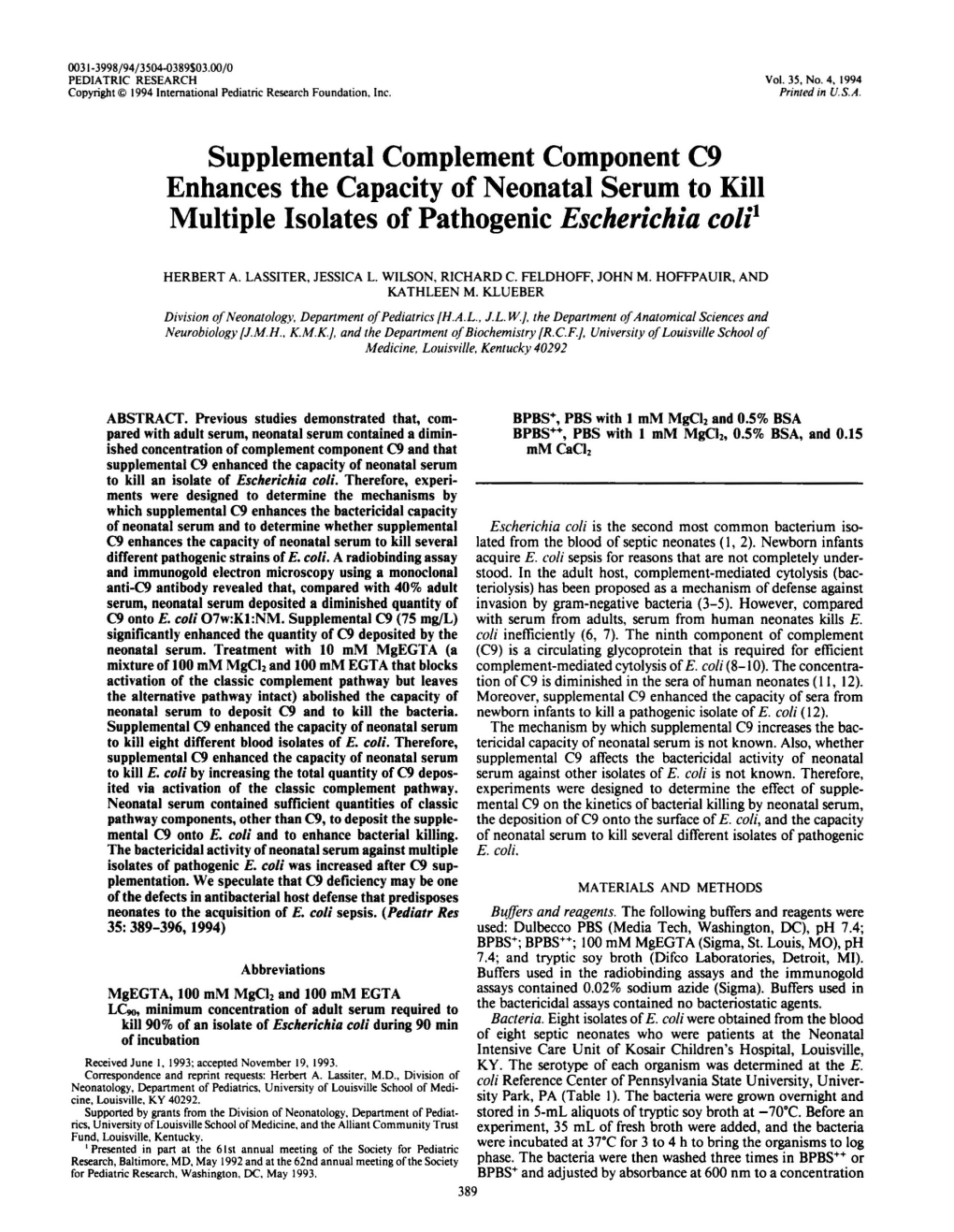 Supplemental Complement Component C9 Enhances the Capacity of Neonatal Serum to Kill Multiple Isolates of Pathogenic Escherichia Coli'