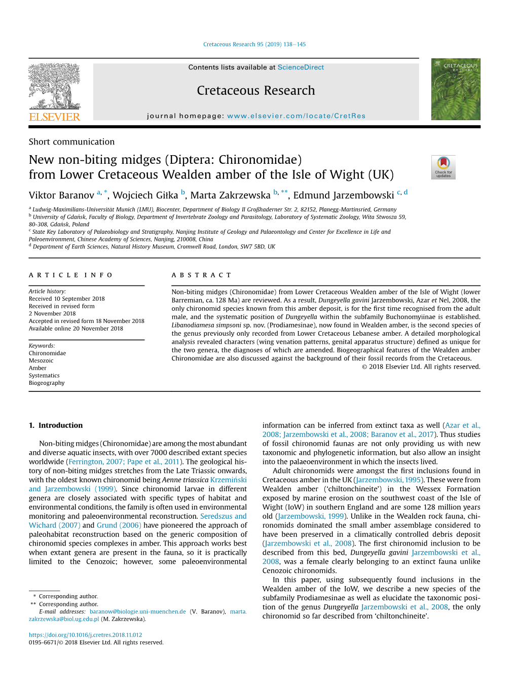 New Non-Biting Midges (Diptera: Chironomidae) from Lower Cretaceous Wealden Amber of the Isle of Wight (UK)