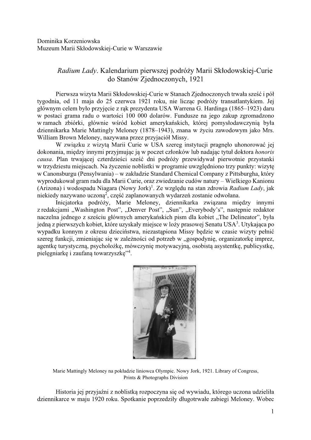 Radium Lady. Kalendarium Pierwszej Podróży Marii Skłodowskiej-Curie Do Stanów Zjednoczonych, 1921