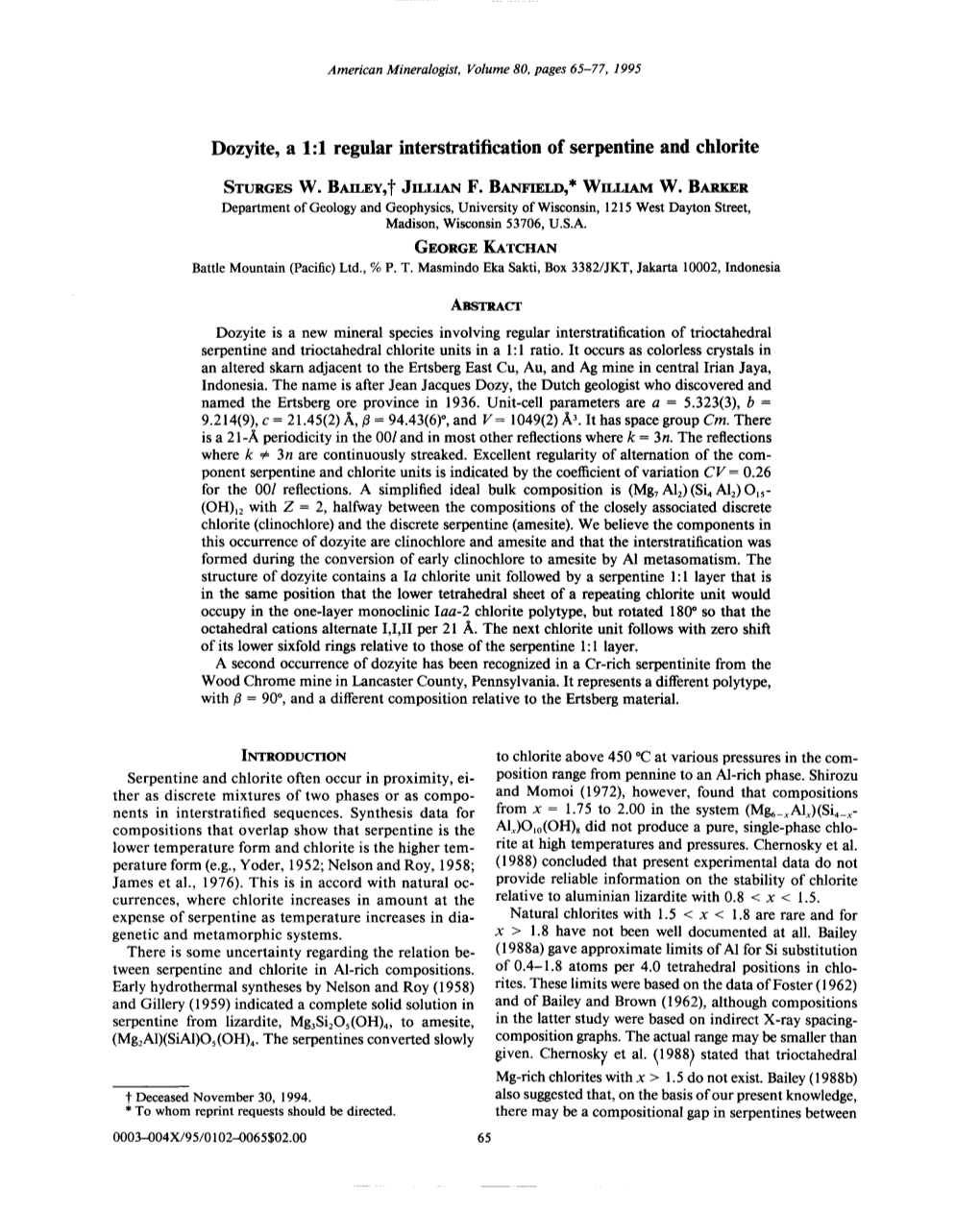 Dozyite, a 1:1 Regular Interstratification of Serpentine and Chlorite