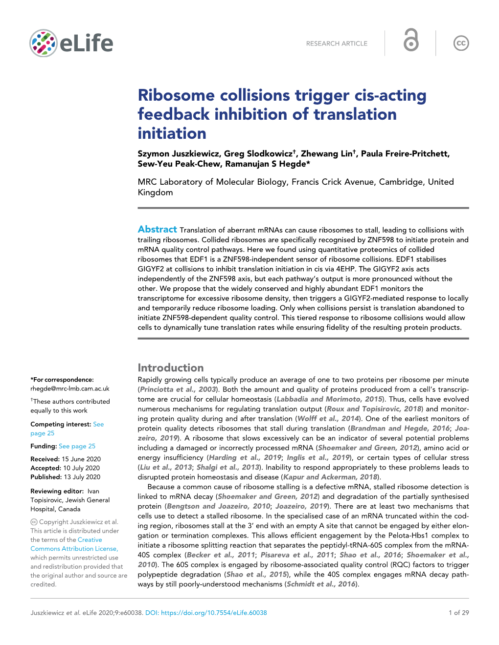 Ribosome Collisions Trigger Cis-Acting Feedback Inhibition of Translation Initiation