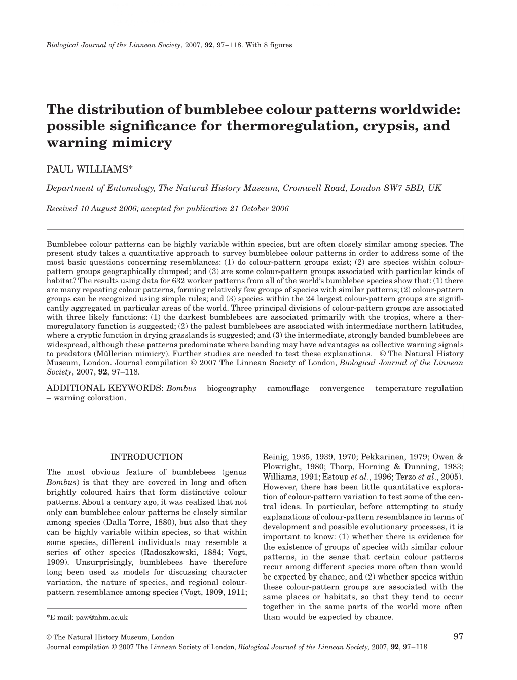 The Distribution of Bumblebee Colour Patterns Worldwide: Possible Signiﬁcance for Thermoregulation, Crypsis, and Warning Mimicry