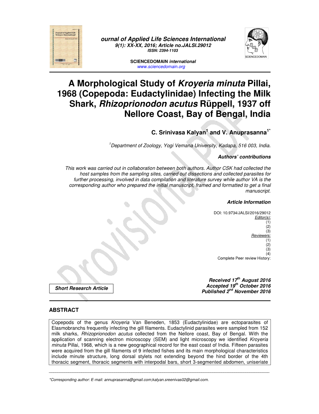 (Copepoda: Eudactylinidae) Infecting the Milk Shark, Rhizoprionodon Acutus Rüppell, 1937 Off Nellore Coast, Bay of Bengal, India