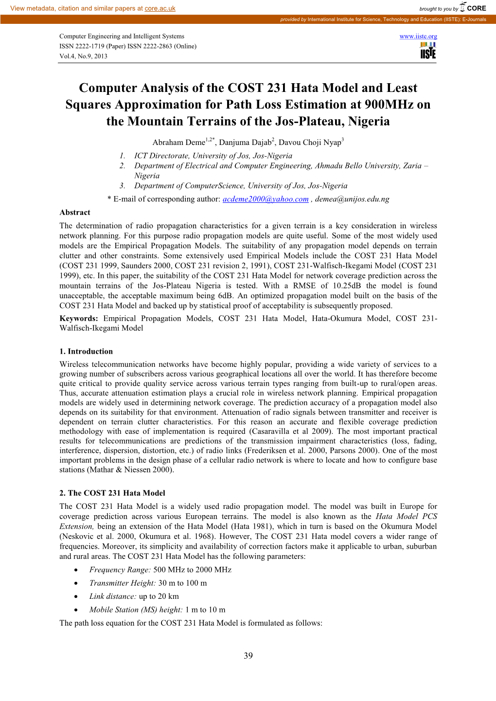 Computer Analysis of the COST 231 Hata Model and Least Squares Approximation for Path Loss Estimation at 900Mhz on the Mountain Terrains of the Jos-Plateau, Nigeria