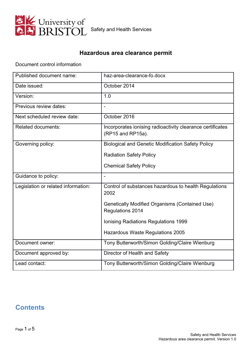 Hazardous Area Clearance Permit