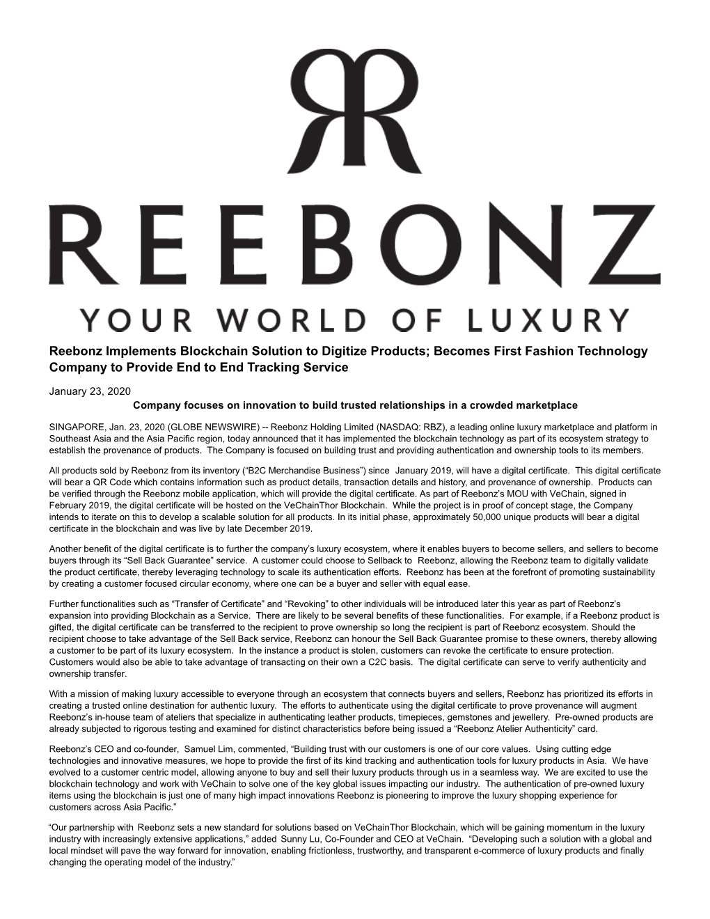 Reebonz Implements Blockchain Solution to Digitize Products; Becomes First Fashion Technology Company to Provide End to End Tracking Service