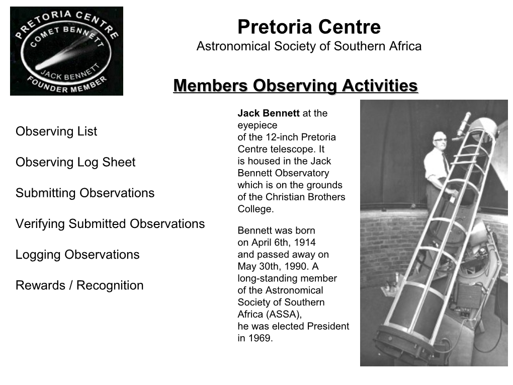 Pretoria Centre Astronomical Society of Southern Africa
