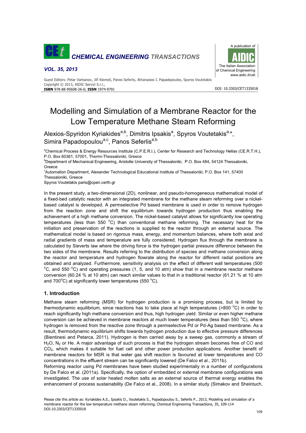 Modelling and Simulation of a Membrane Reactor for the Low