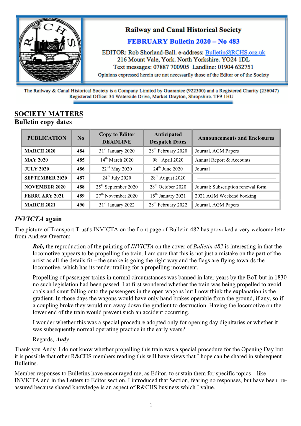 SOCIETY MATTERS Bulletin Copy Dates INVICTA Again