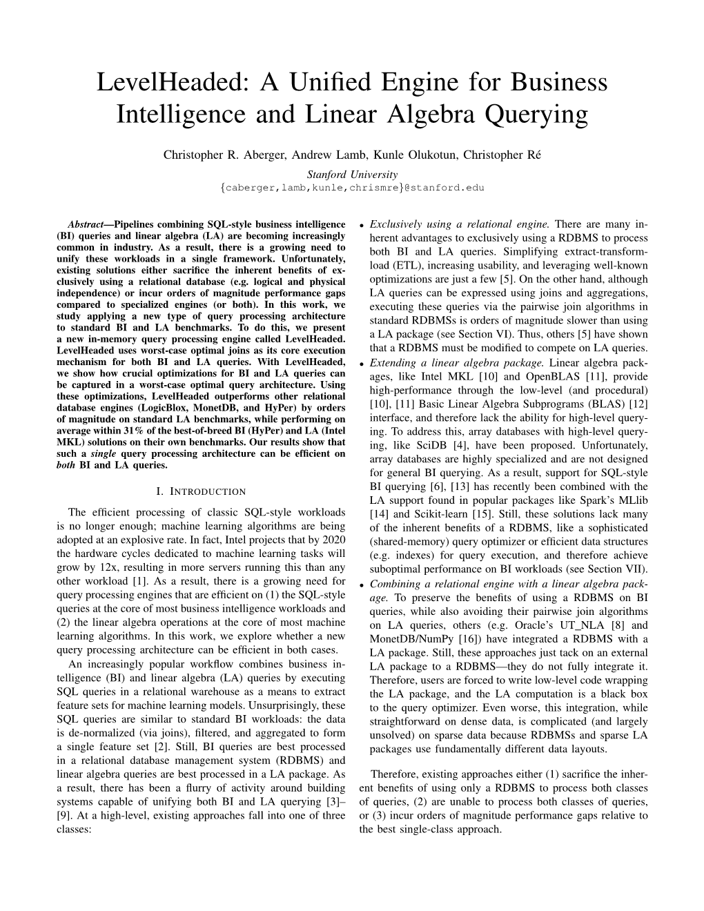 A Unified Engine for Business Intelligence and Linear Algebra