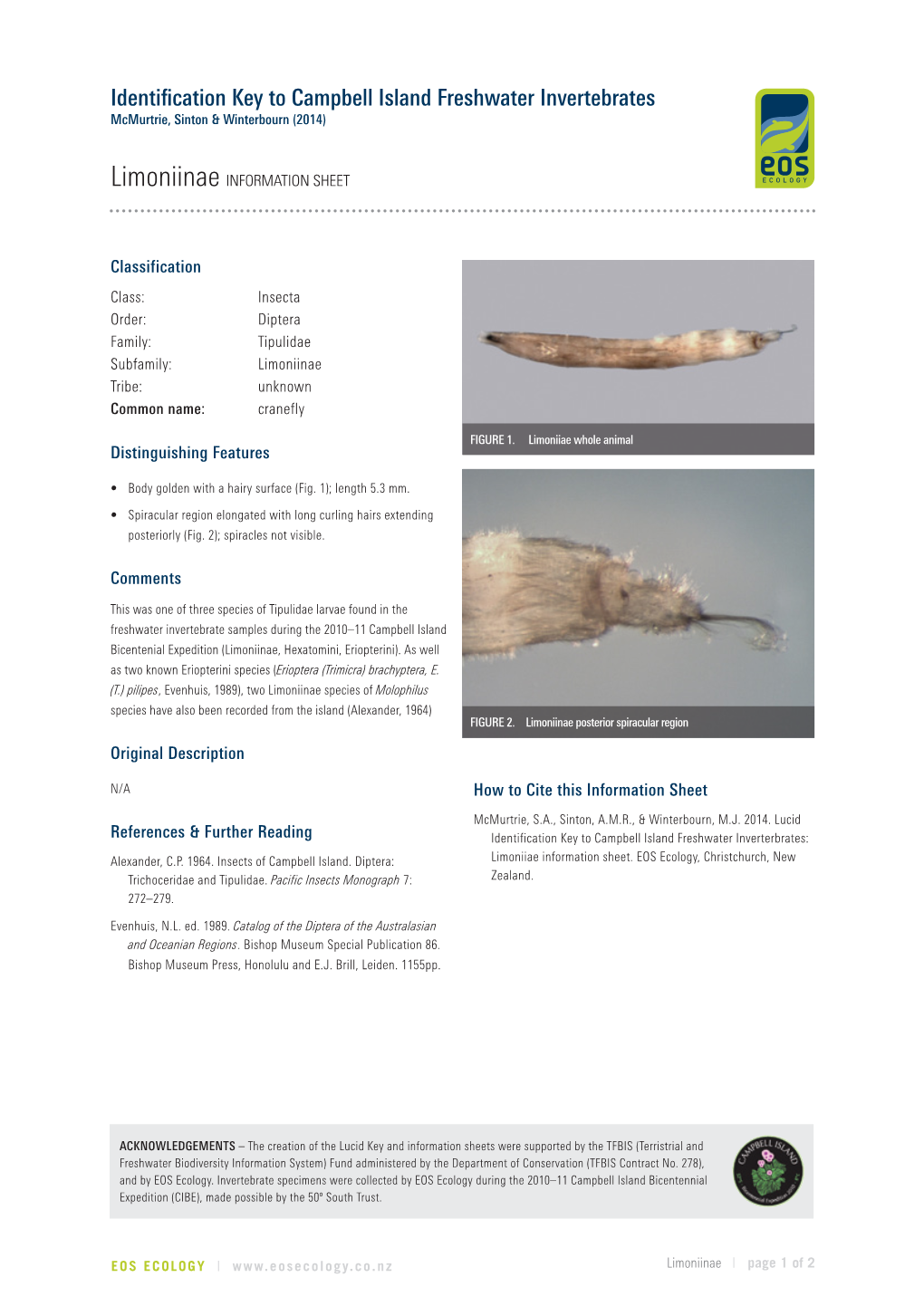 Identification Key to Campbell Island Freshwater Invertebrates Mcmurtrie, Sinton & Winterbourn (2014)