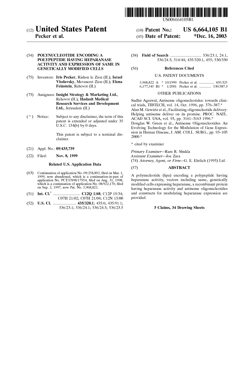 (12) United States Patent (10) Patent No.: US 6,664,105 B1 Pecker Et Al