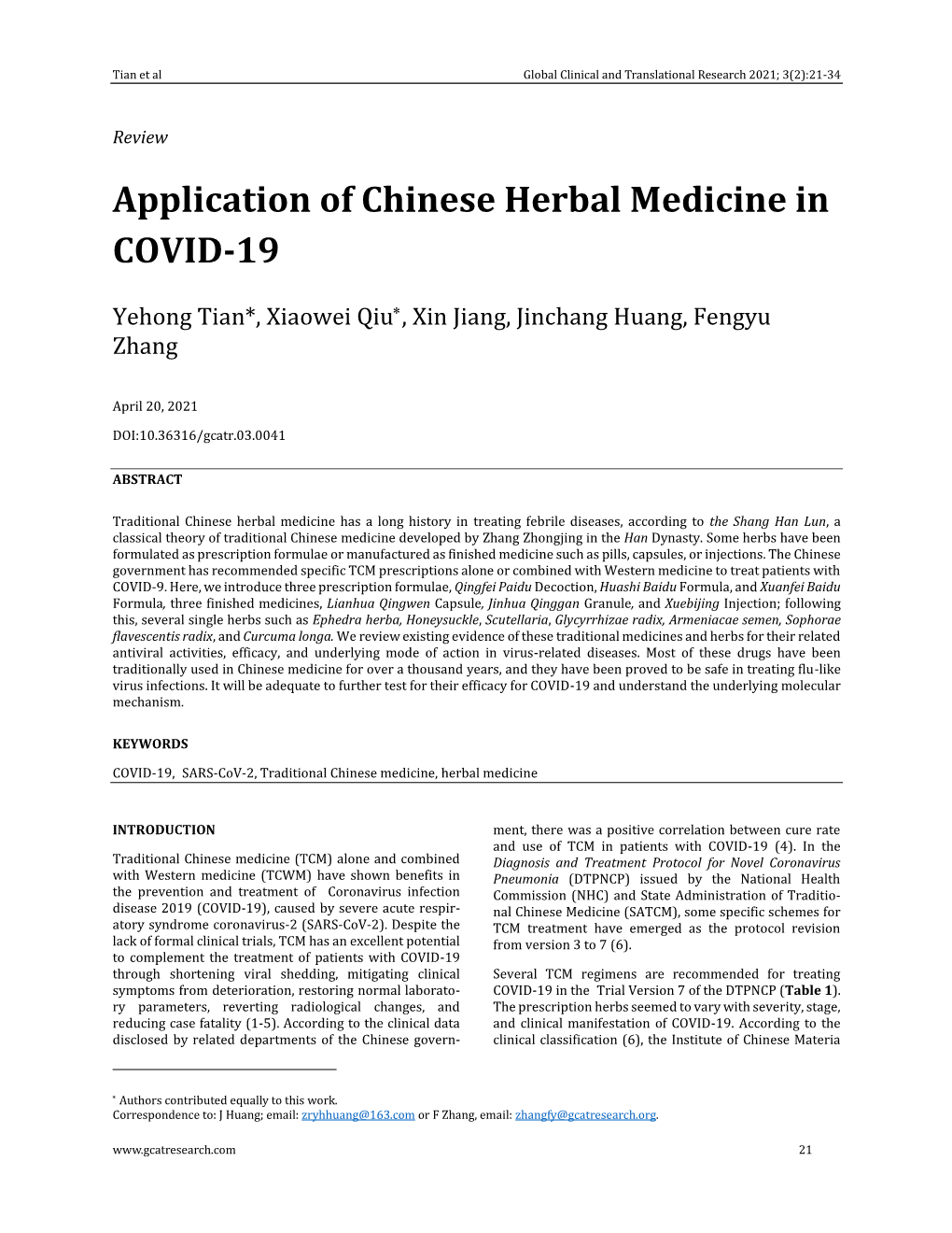 Application of Chinese Herbal Medicine in COVID-19