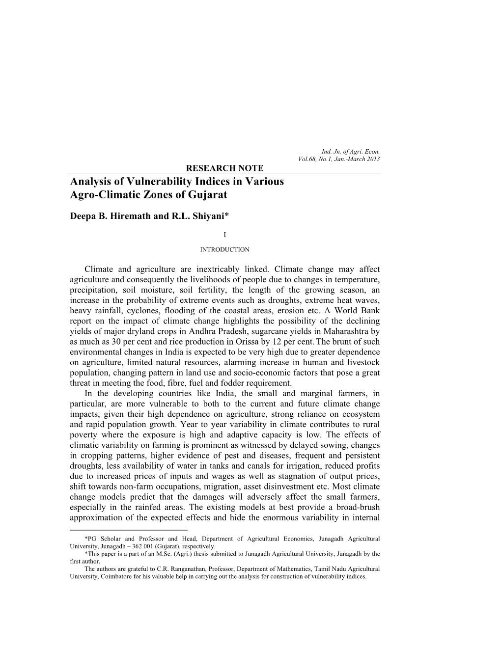 Analysis of Vulnerability Indices in Various Agro-Climatic Zones of Gujarat