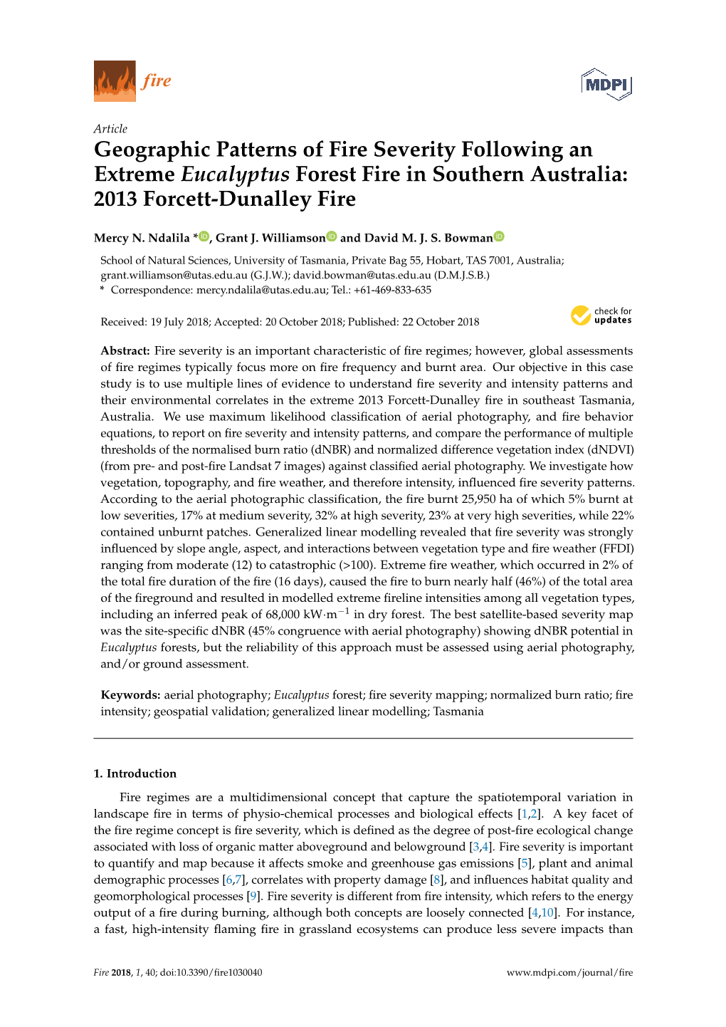 Geographic Patterns of Fire Severity Following an Extreme Eucalyptus Forest Fire in Southern Australia: 2013 Forcett-Dunalley Fire