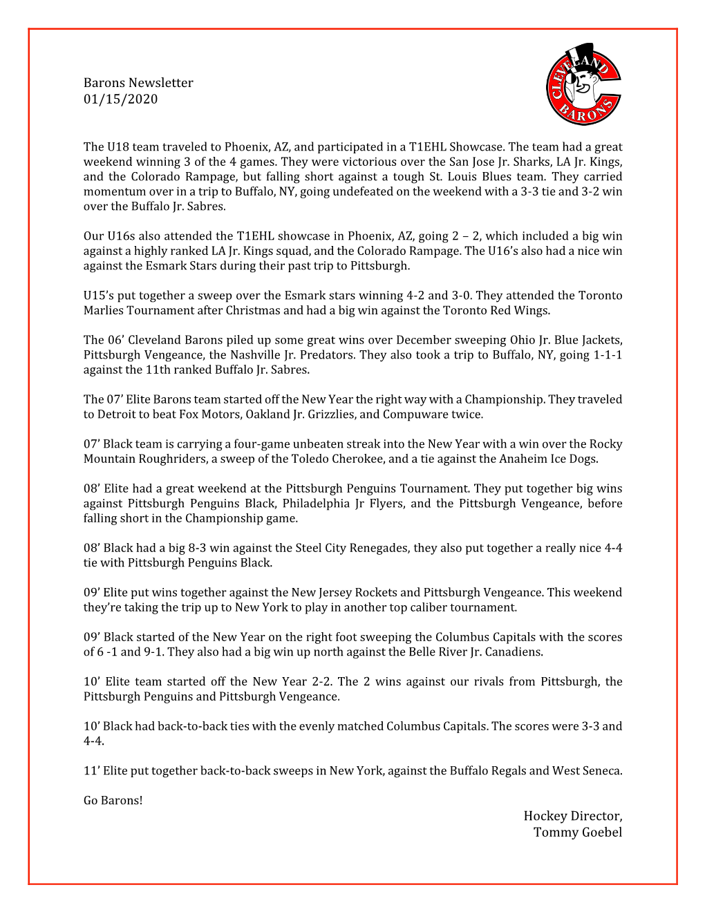 Barons Newsletter 01/15/2020 Hockey Director, Tommy Goebel