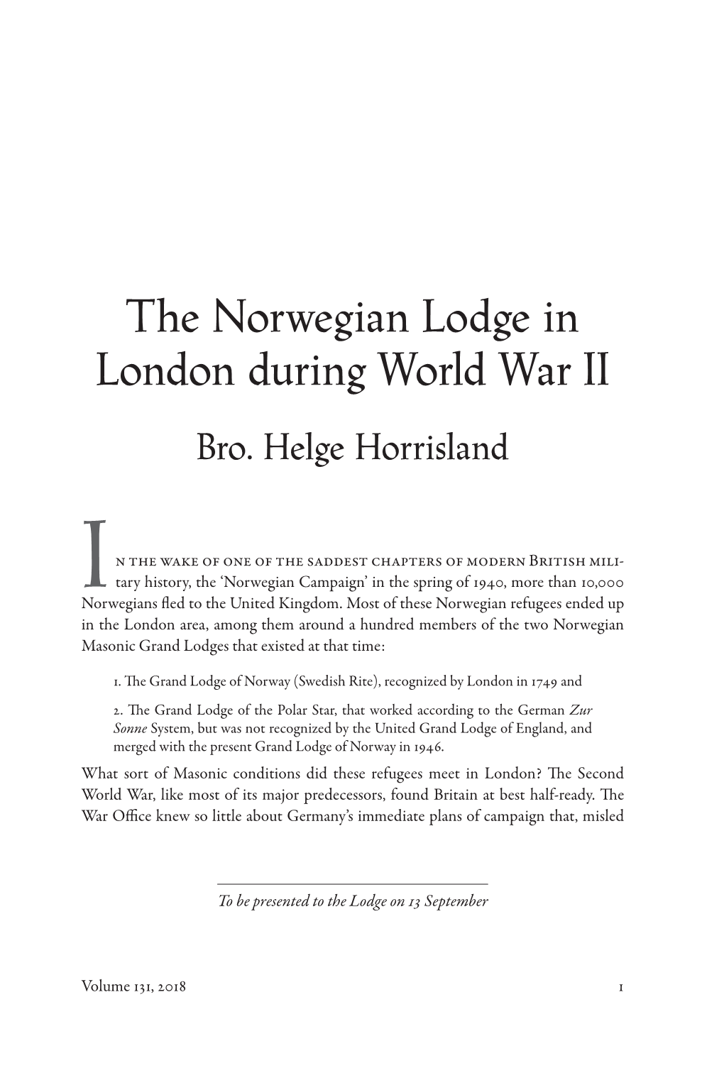 The Norwegian Lodge in London During World War II Bro