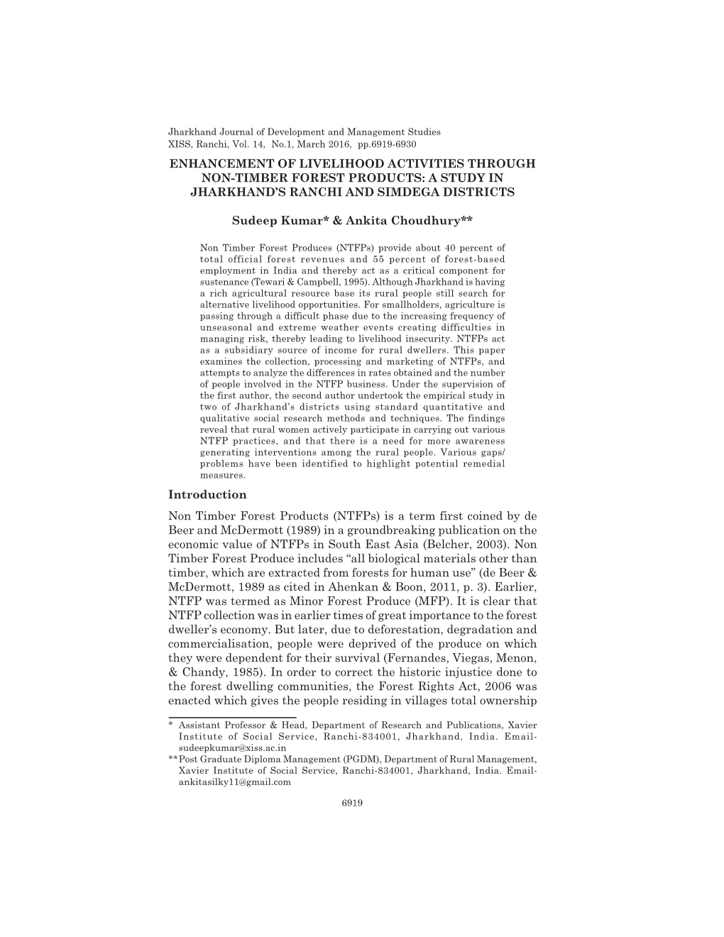 Enhancement of Livelihood Activities Through Non-Timber Forest Products: a Study in Jharkhand’S Ranchi and Simdega Districts