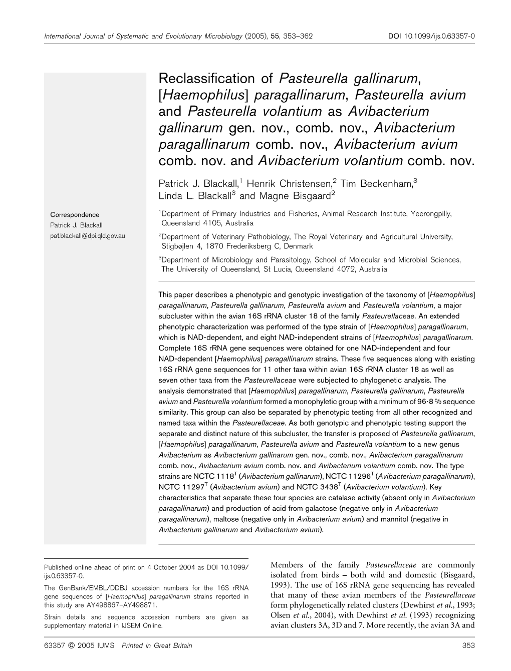 Reclassification of Pasteurella Gallinarum, [Haemophilus]