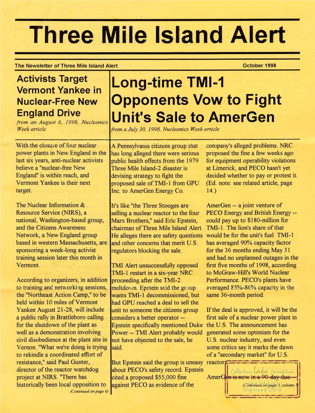 October 1998 Activists Target Long-Time TMI-1 Vermont Yankee in Nuclear-Free New Opponents Vow to Fight England Drive from an Allgllsf 6