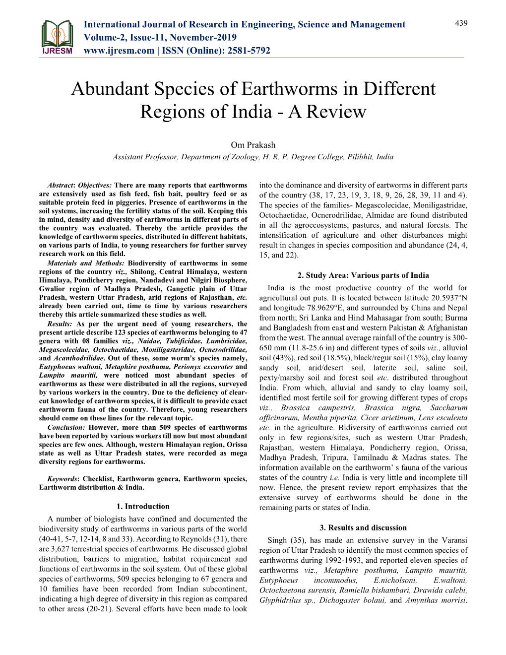 Abundant Species of Earthworms in Different Regions of India - a Review