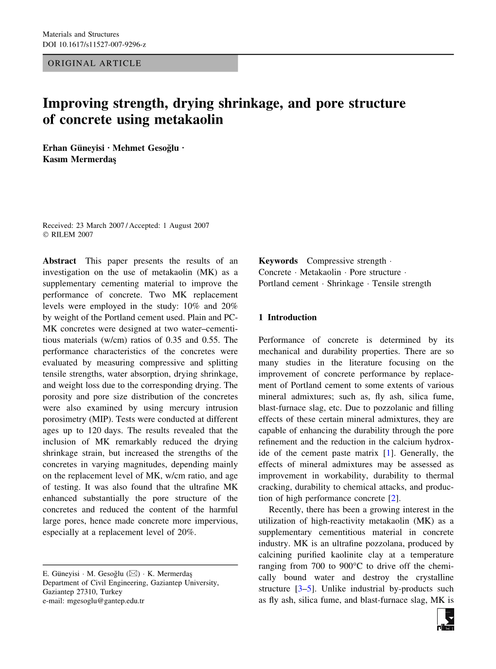 Improving Strength, Drying Shrinkage, and Pore Structure of Concrete Using Metakaolin