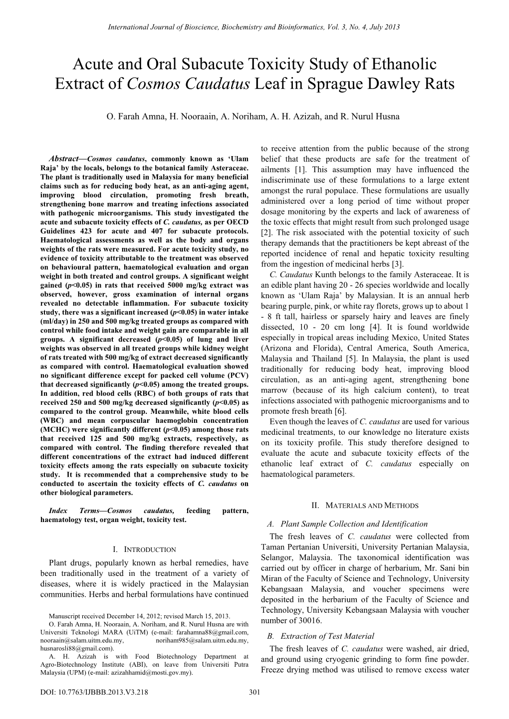 Acute and Oral Subacute Toxicity Study of Ethanolic Extract of Cosmos Caudatus Leaf in Sprague Dawley Rats