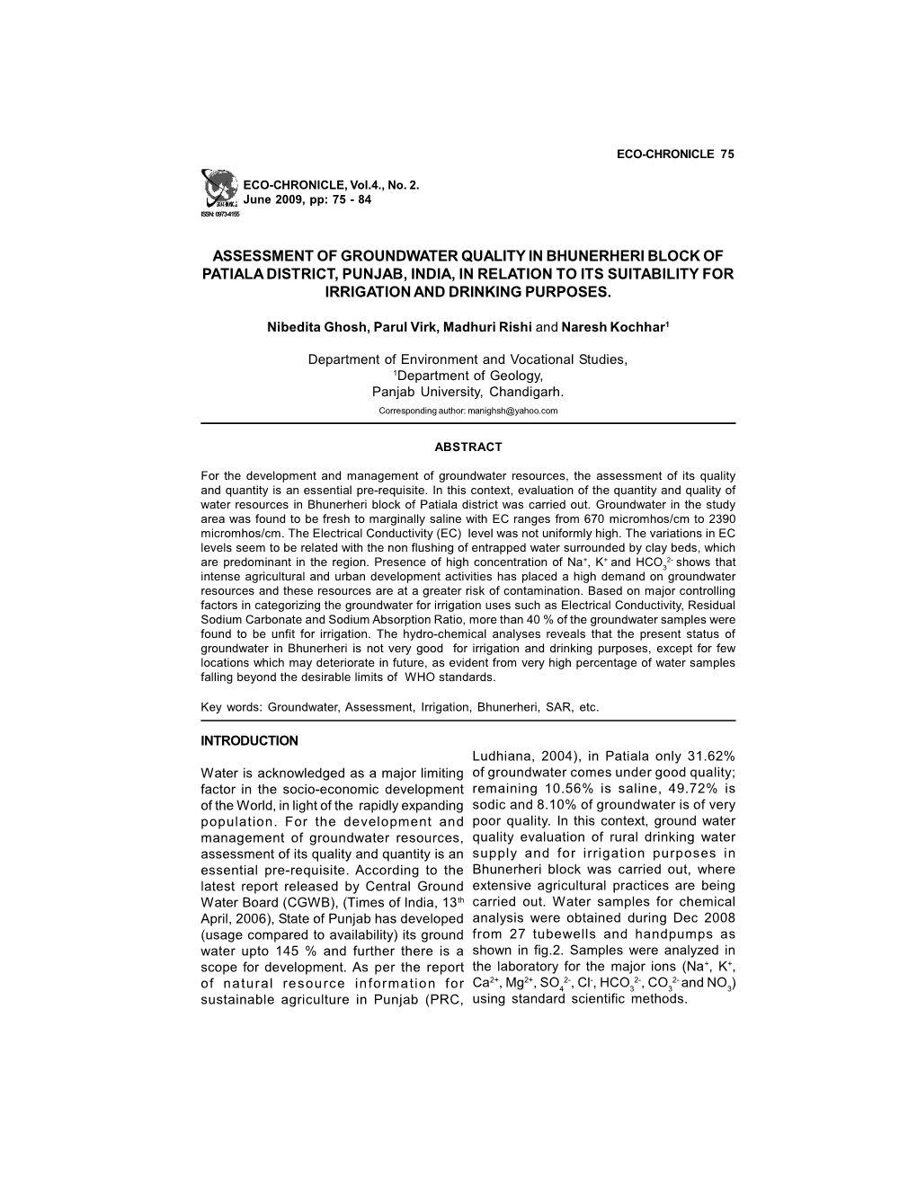 Assessment of Groundwater Quality in Bhunerheri Block of Patiala District, Punjab, India, in Relation to Its Suitability for Irrigation and Drinking Purposes