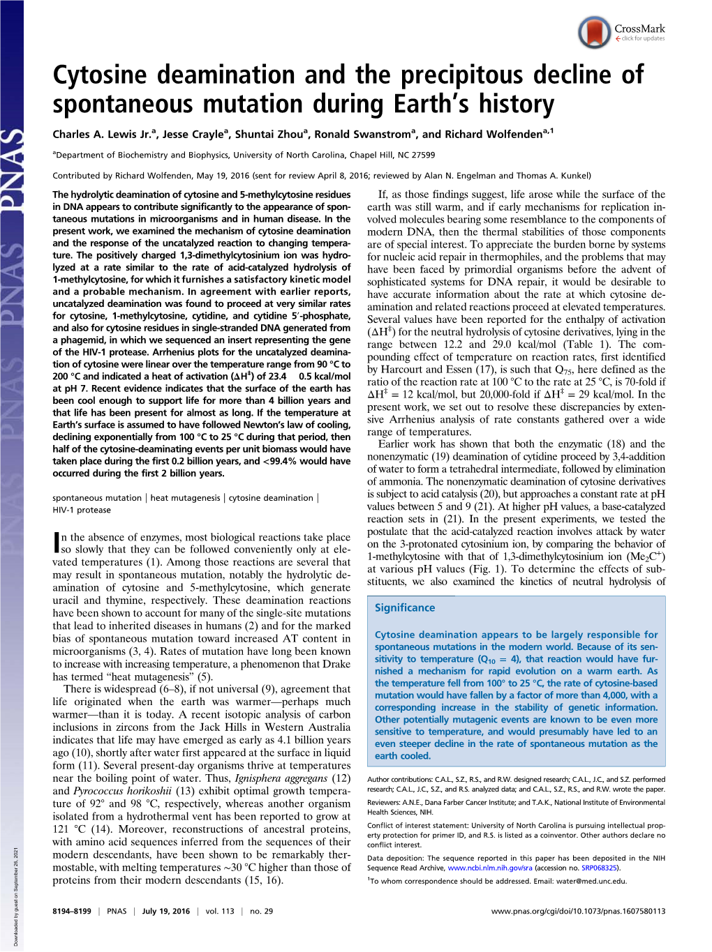 Cytosine Deamination and the Precipitous Decline of Spontaneous Mutation During Earth’S History