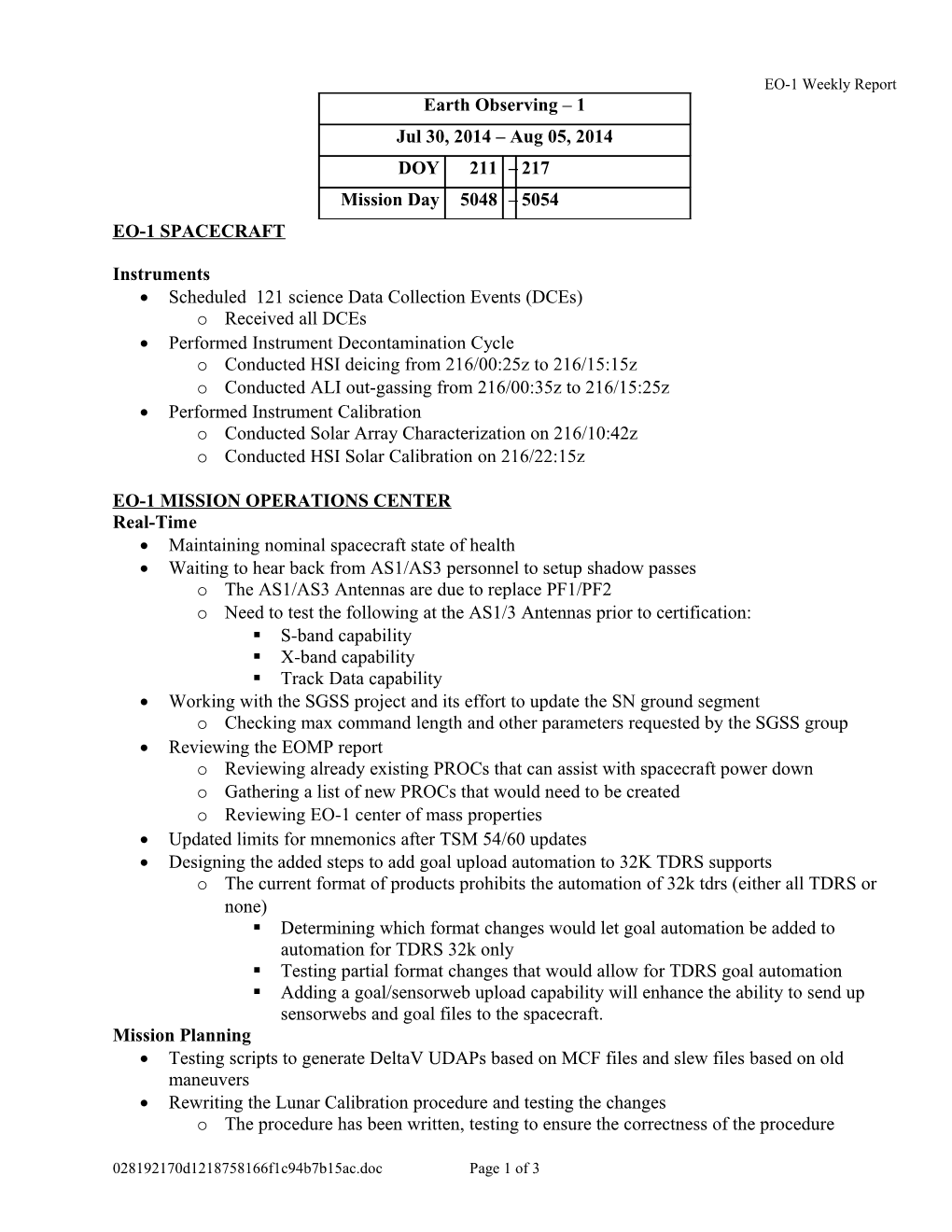 EO-1 Weekly Report