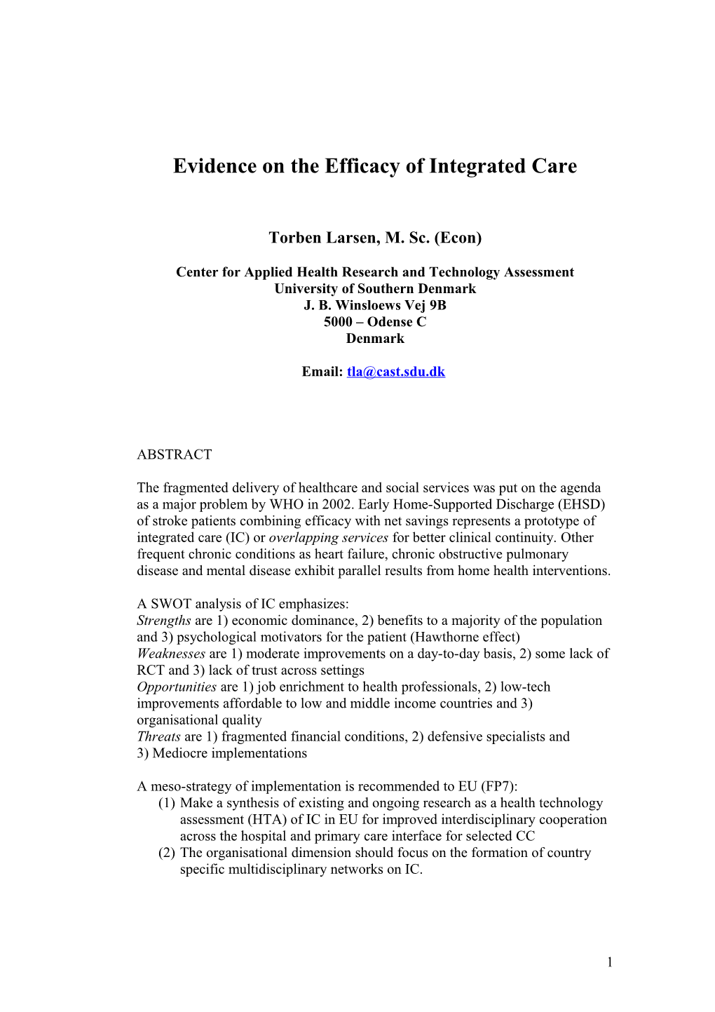 Evidence on the Efficacy of Integrated Care