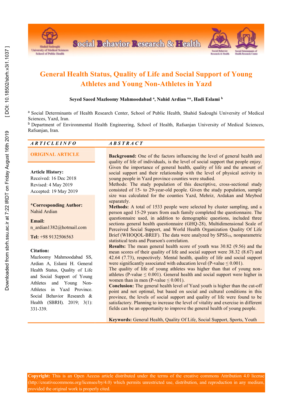 General Health Status, Quality of Life and Social Support of Young Athletes and Young Non-Athletes in Yazd
