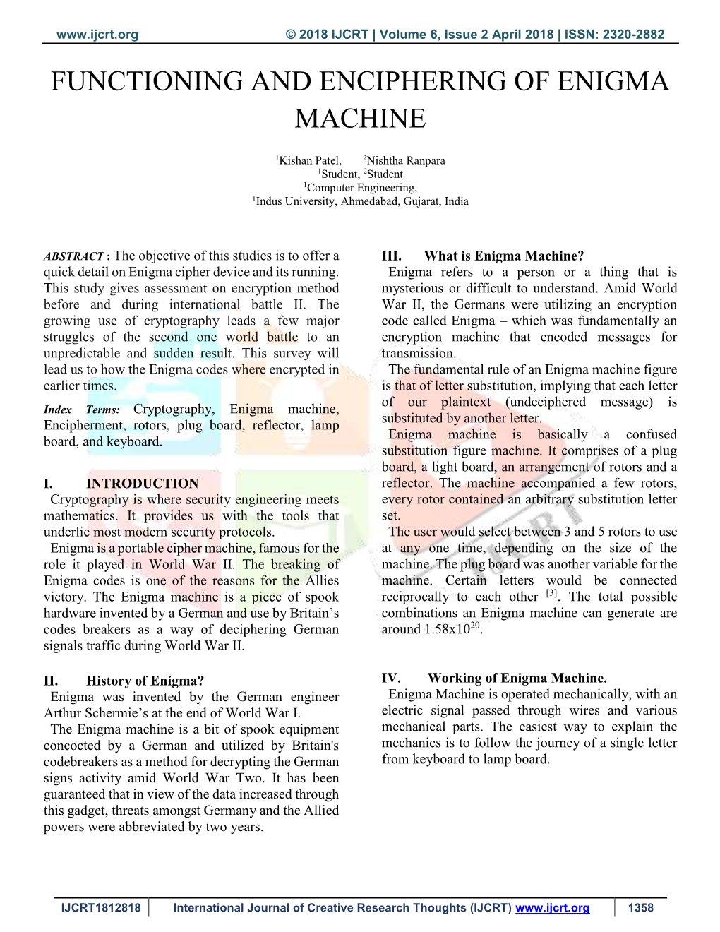 Functioning and Enciphering of Enigma Machine