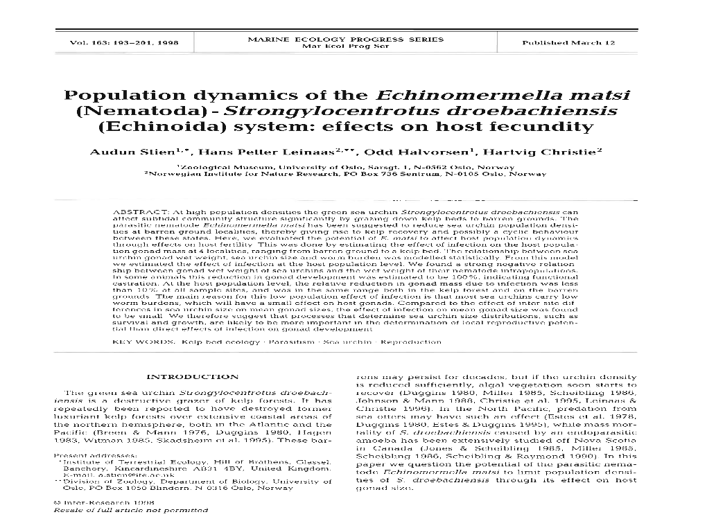 Strongylocentrotus Droebachiensis (Echinoida) System: Effects on Host Fecundity