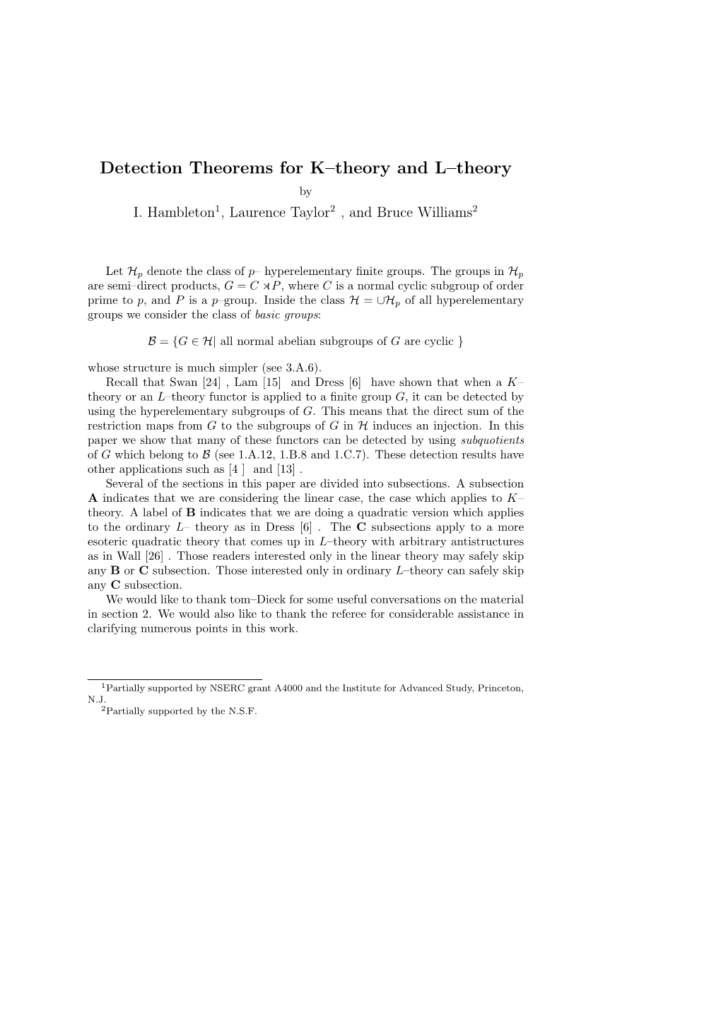 Detection Theorems for K–Theory and L–Theory by I