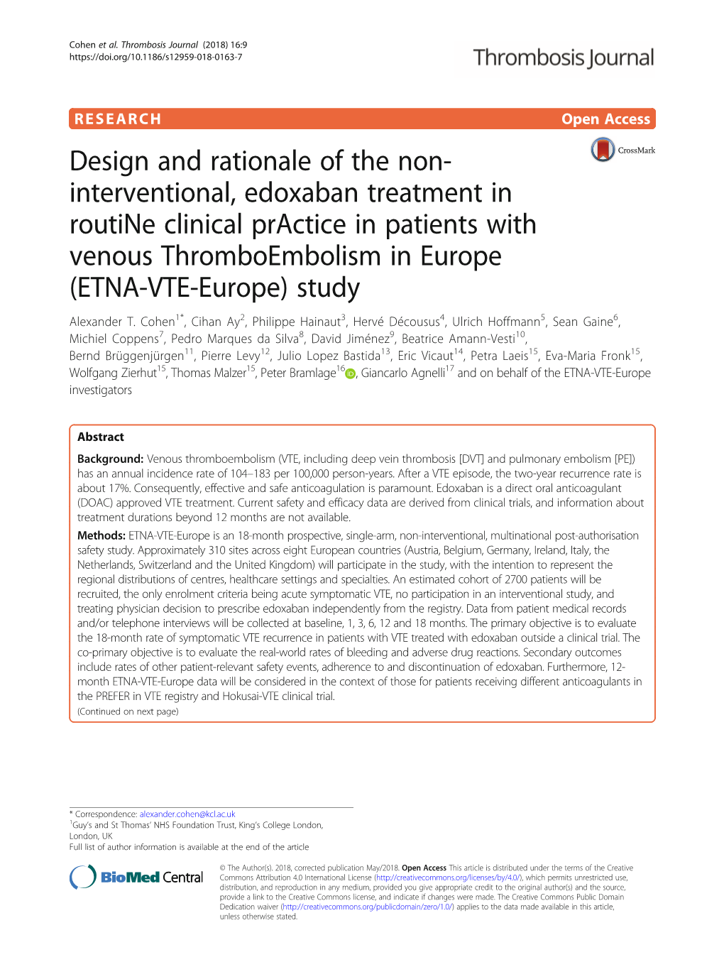 Interventional, Edoxaban Treatment in Routine Clinical Practice in Patients with Venous Thromboembolism in Europe (ETNA-VTE-Europe) Study Alexander T